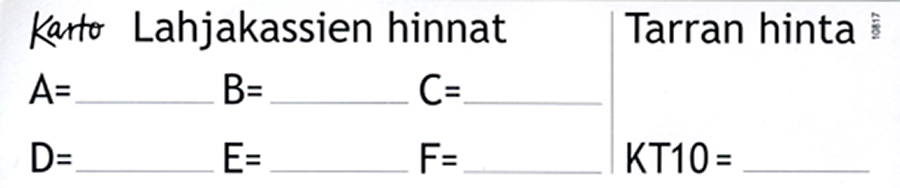 Hintatarra lahjakassien ja tarrojen hinnat A-F KT10 blanco